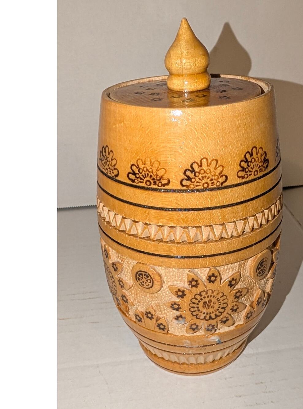 Vintage Russian Carved Wood Barrell Shape Pot Lid Made in USSR Trinket Holder